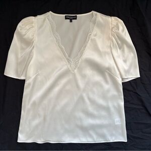 Generation Love White Silk Top Blouse V-Neck Lace Puff Sleeves Sz XS Romantic